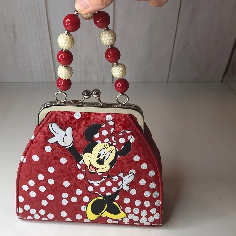 Disney parks Minnie Mouse cute small handbag purse beaded Polka Dots Red Bow EUC
